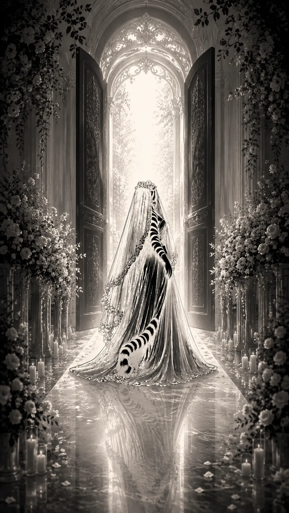 The tiger bride walking the aisle toward the open chapel doors.